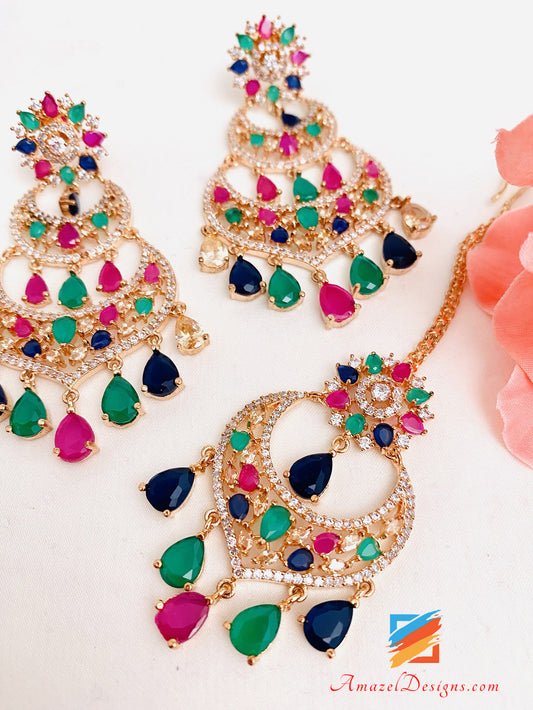 Set di orecchini Tikka con diamanti americani multicolori AD 