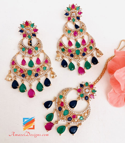 Multicoloured American Diamond AD Earrings Tikka Set