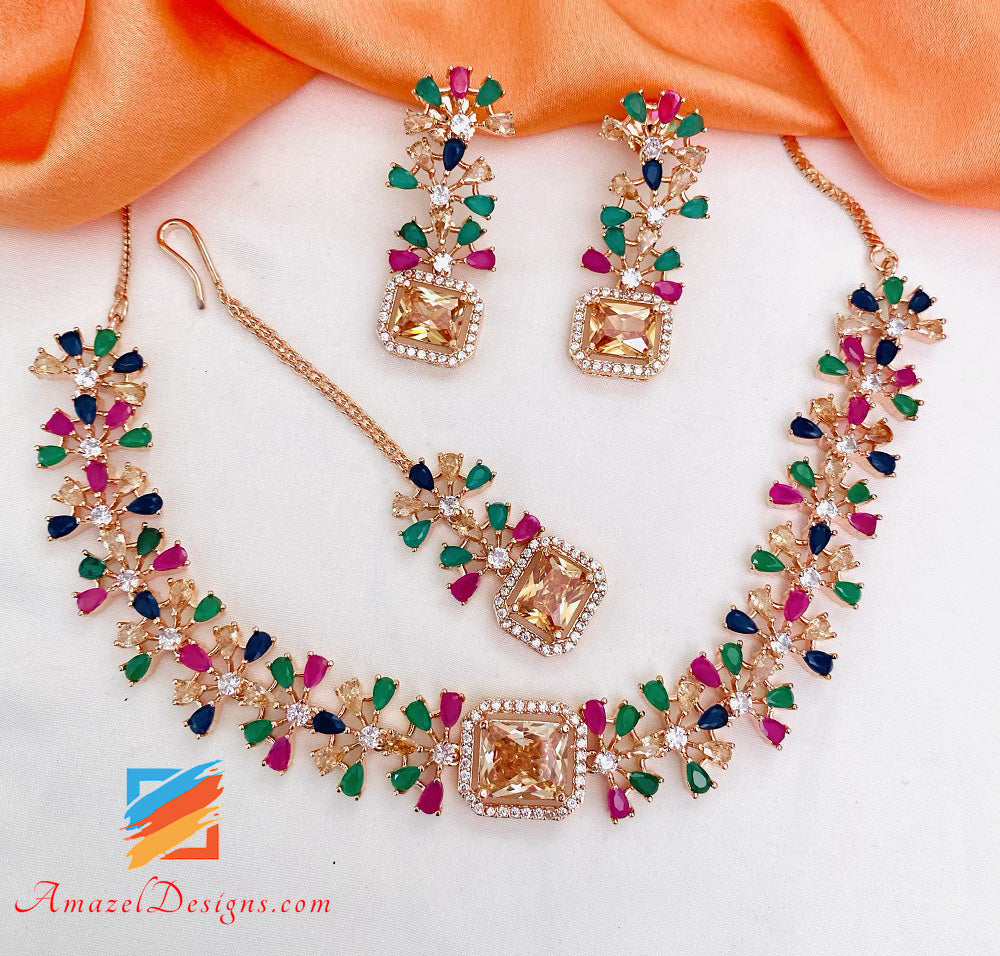 Mehrfarbiges Tikka-Set mit AD-Halskette und Ohrringen aus amerikanischem Diamant 