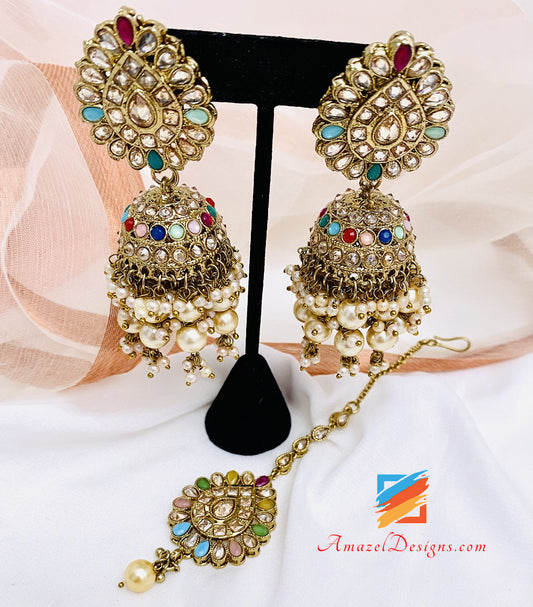Multicoloured Champagne Jhumki With Bunches Of Beads