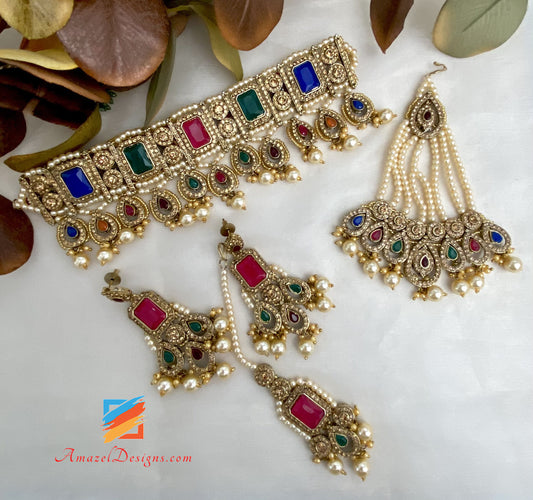 Multicoloured Choker Earrings Tikka Jhumer Set