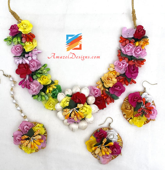Multicoloured Flower Necklace Earrings Tikka Set