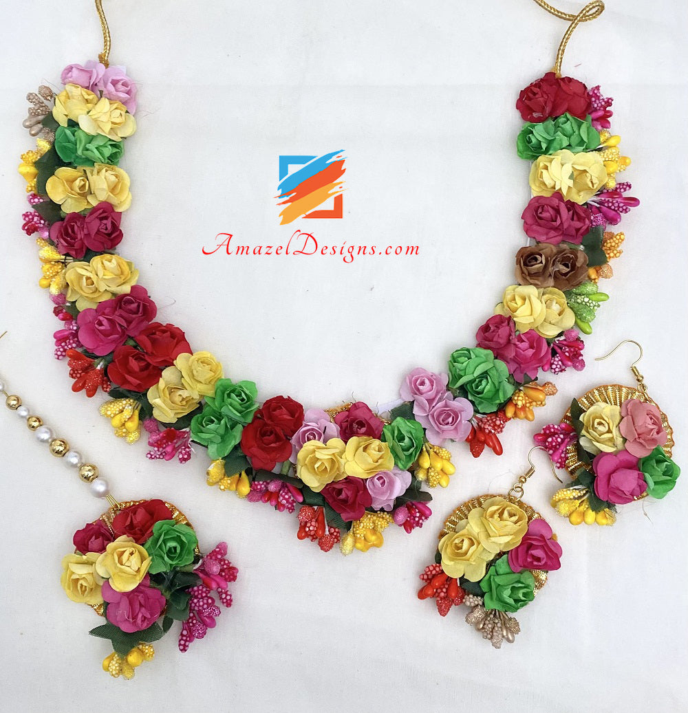 Multicoloured Flower Necklace Earrings Tikka Set
