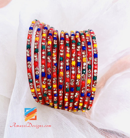 Multicoloured Glass Bangles With Stones