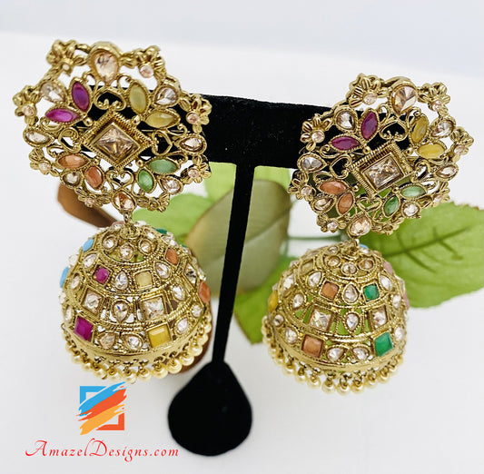 Multicoloured High Quality Polki Jhumka