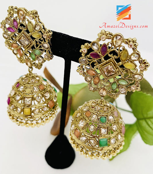 Multicoloured High Quality Polki Jhumka