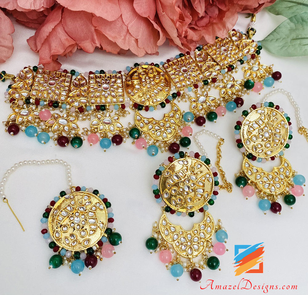Multicoloured Kundan Choker With Earrings Tikka Set