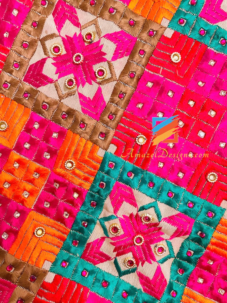 Multicoloured Kundan Fulkari with Magenta Hot Pink Resham Kirnawala Kinari