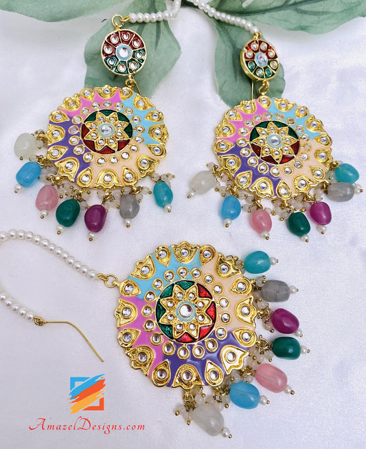 Multicoloured Kundan Painted Earrings Tikka Set