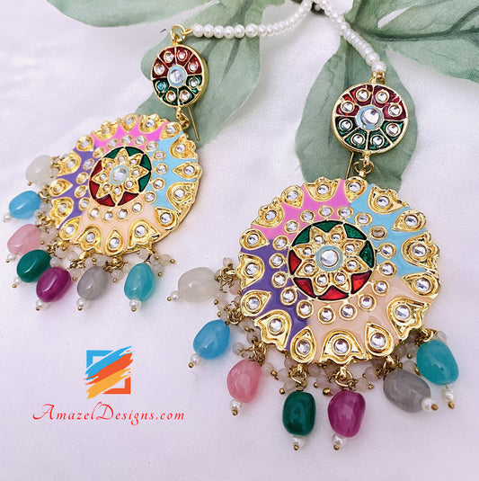 Multicoloured Kundan Painted Earrings Tikka Set