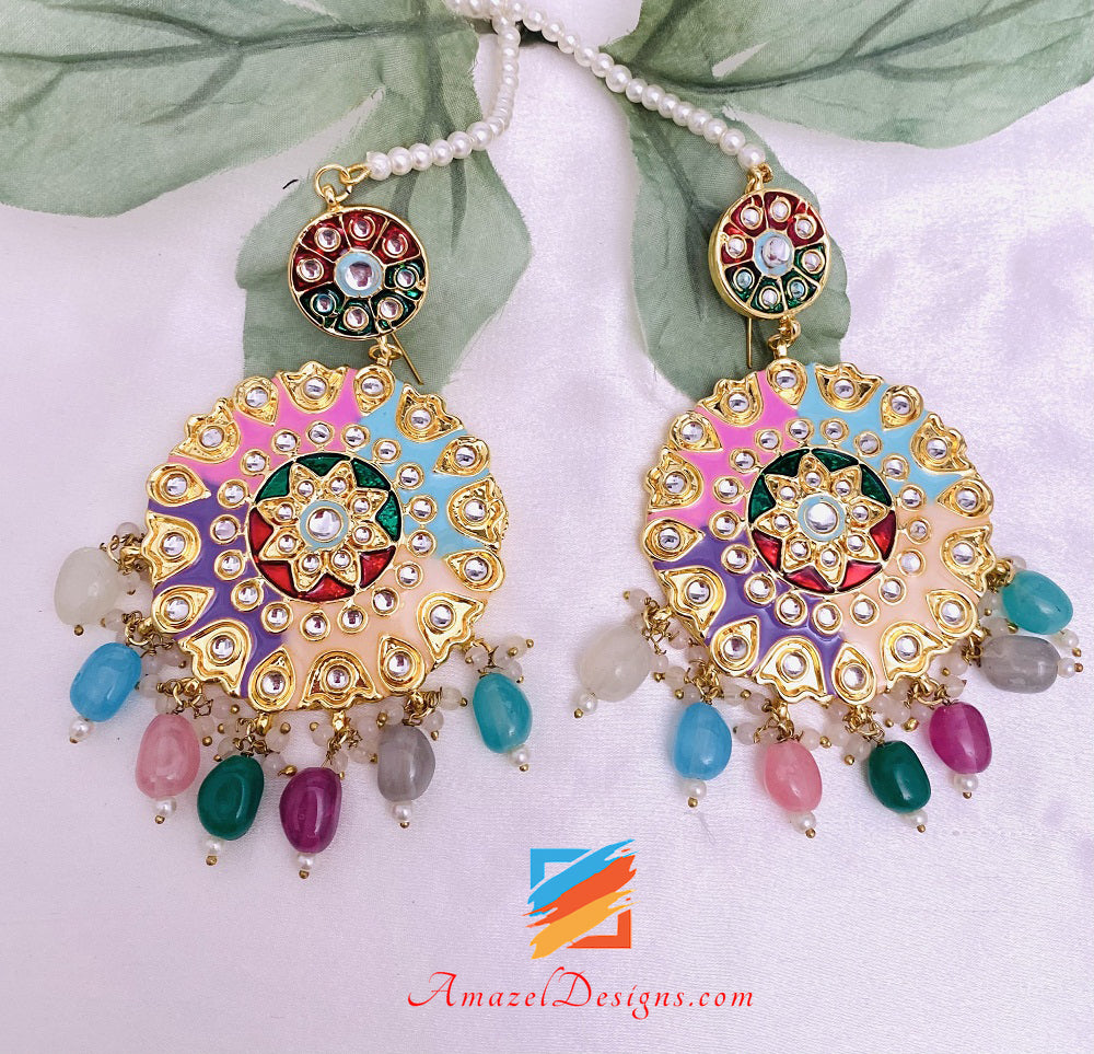 Multicoloured Kundan Painted Earrings Tikka Set