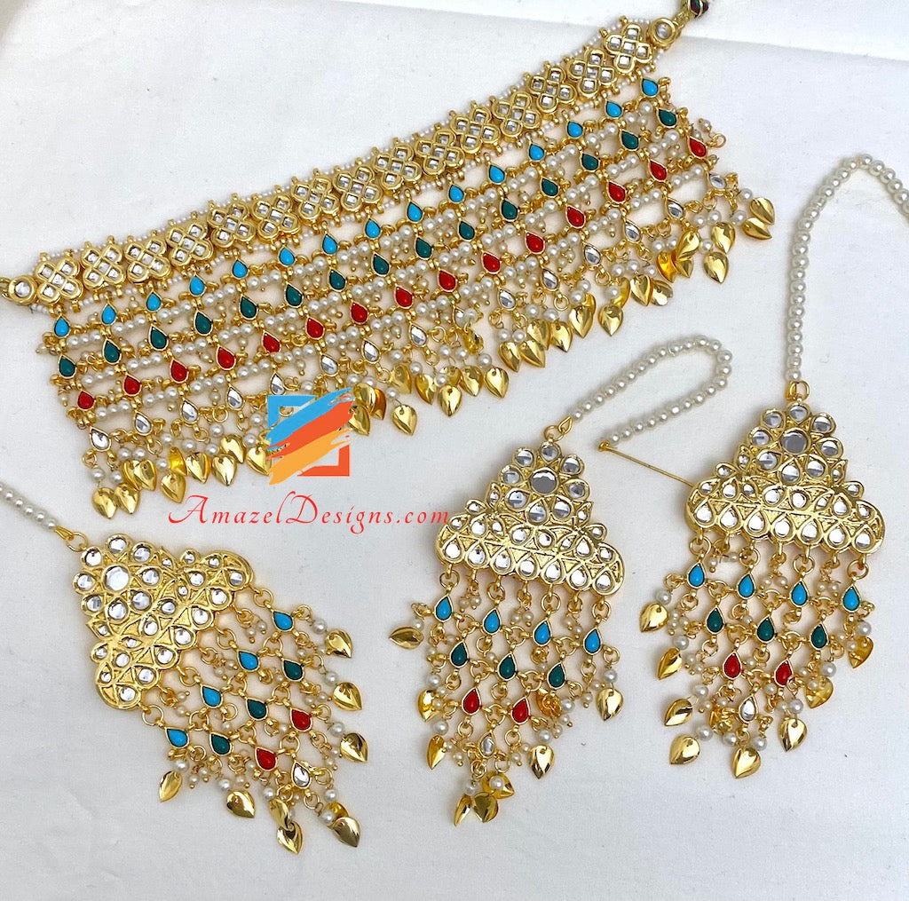 Multicoloured Kundan Flexible Choker Necklace Earrings Tikka Set