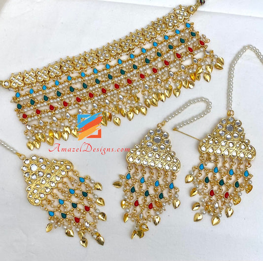 Set Tikka multicolore con collana girocollo flessibile Kundan 