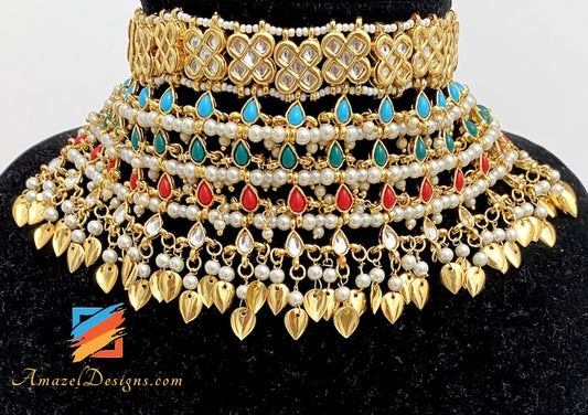 Multicoloured Kundan Flexible Choker Necklace Earrings Tikka Set