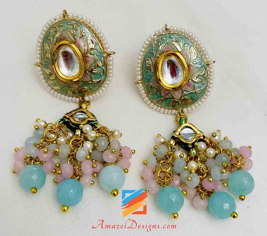 Multicoloured Light Blue Hand Painted Meenakari Necklace Earrings Set