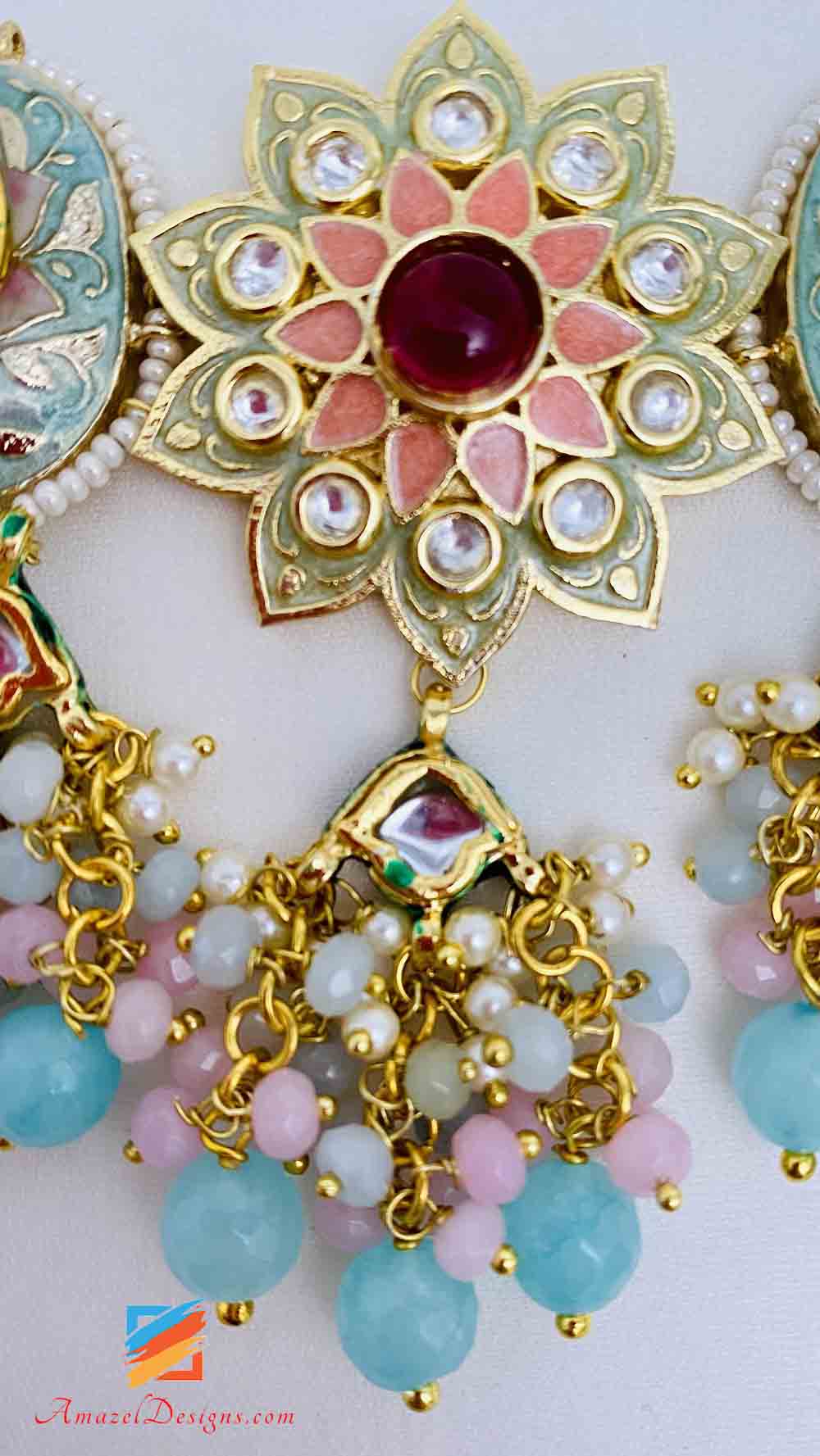 Multicoloured Light Blue Hand Painted Meenakari Necklace Earrings Set