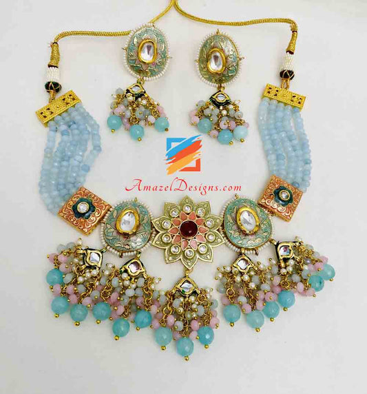 Multicoloured Light Blue Hand Painted Meenakari Necklace Earrings Set