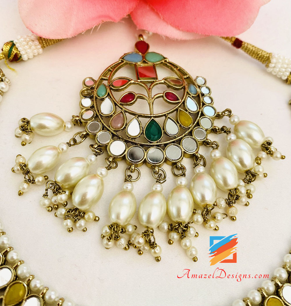 Multicoloured Lightweight Flexible Mirror Necklace Oversized Earrings Tikka Set
