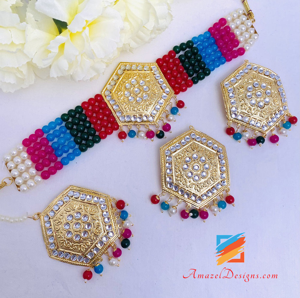 Multicoloured Lightweight Kundan Choker Necklace Studs Earrings Tikka Set