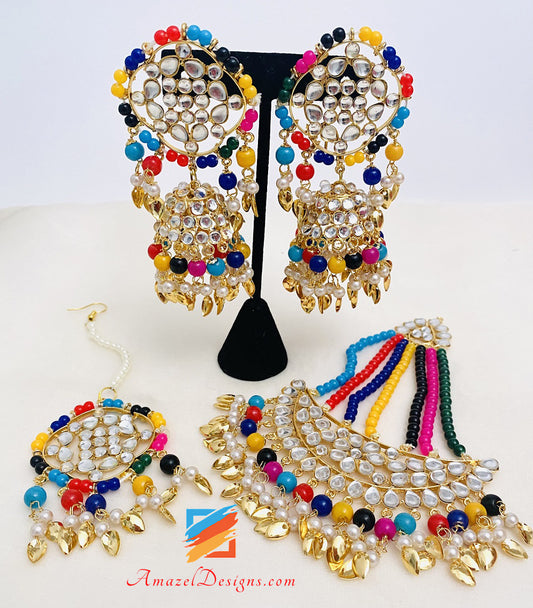 Multicoloured Lightweight Kundan Pippal Patti Jhumka Tikka Passa Jhumer Set