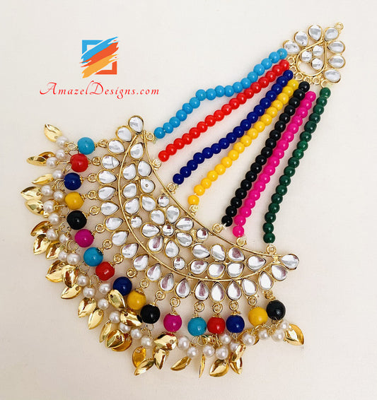 Multicoloured Lightweight Kundan Pippal Patti Jhumka Tikka Passa Jhumer Set