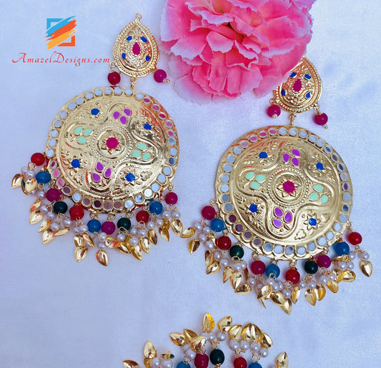 Multicoloured Sheesha Lightweight Pippal Patti Oversized Earrings Tikka Set