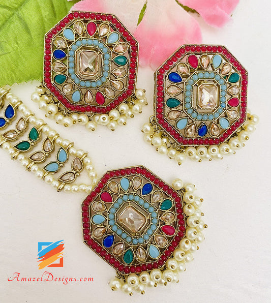 Multicoloured Lightweight Studs Earrings Tikka Set
