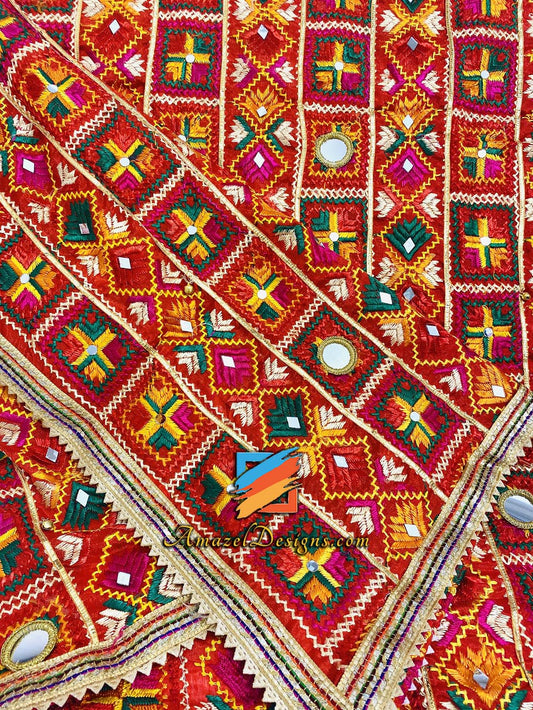 Multicoloured Mirror Ghungroo Fulkari 4 Sided Samosa Lace