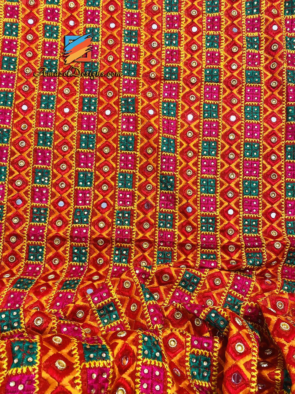 Multicoloured Mirror Kundan Phulkari With Kiirni Gotta