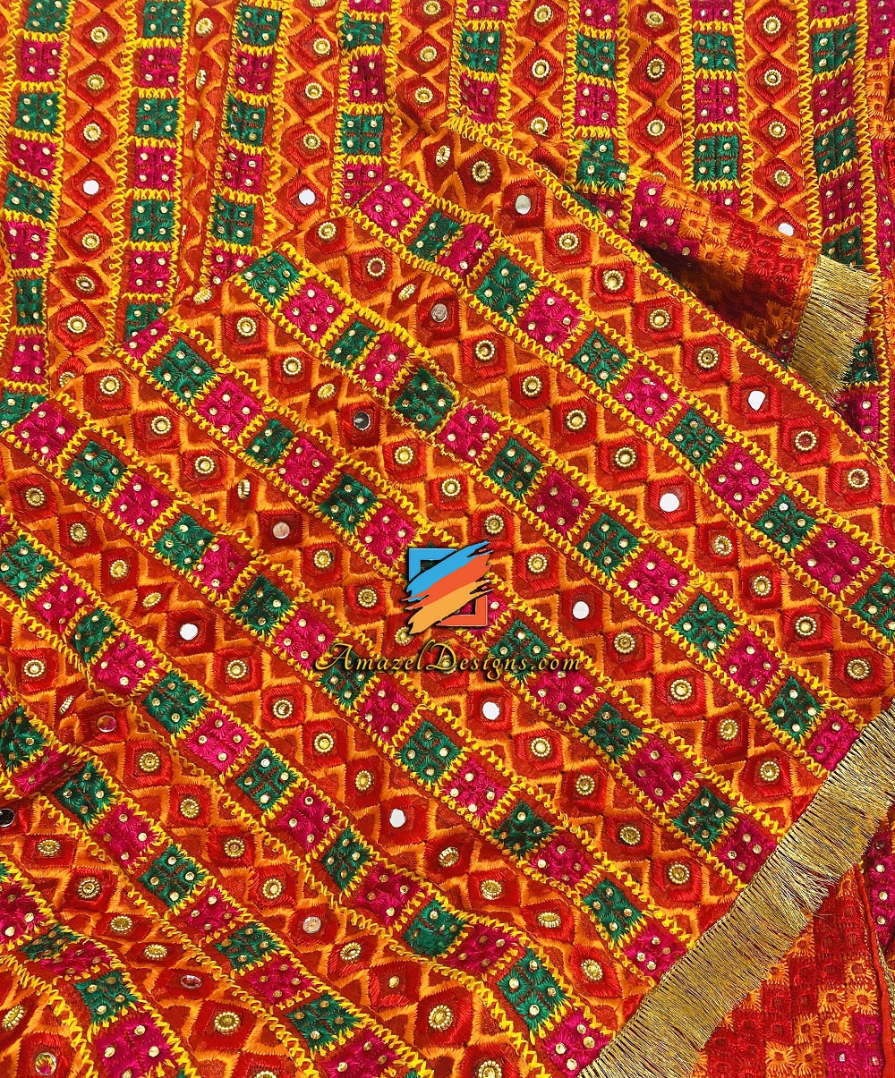 Multicoloured Mirror Kundan Phulkari With Kiirni Gotta
