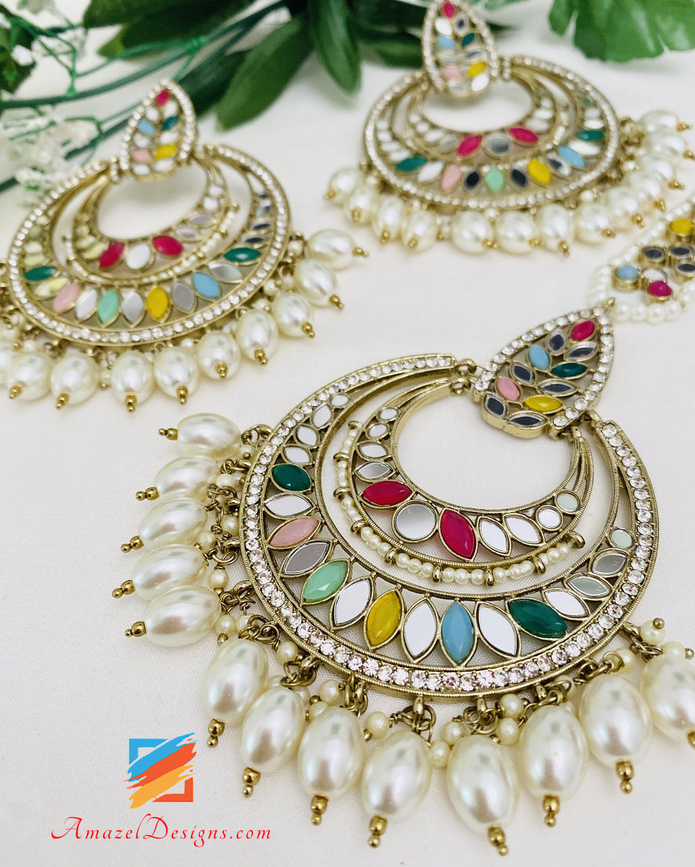 Multicoloured Mirror Oversized Earrings Tikka Set