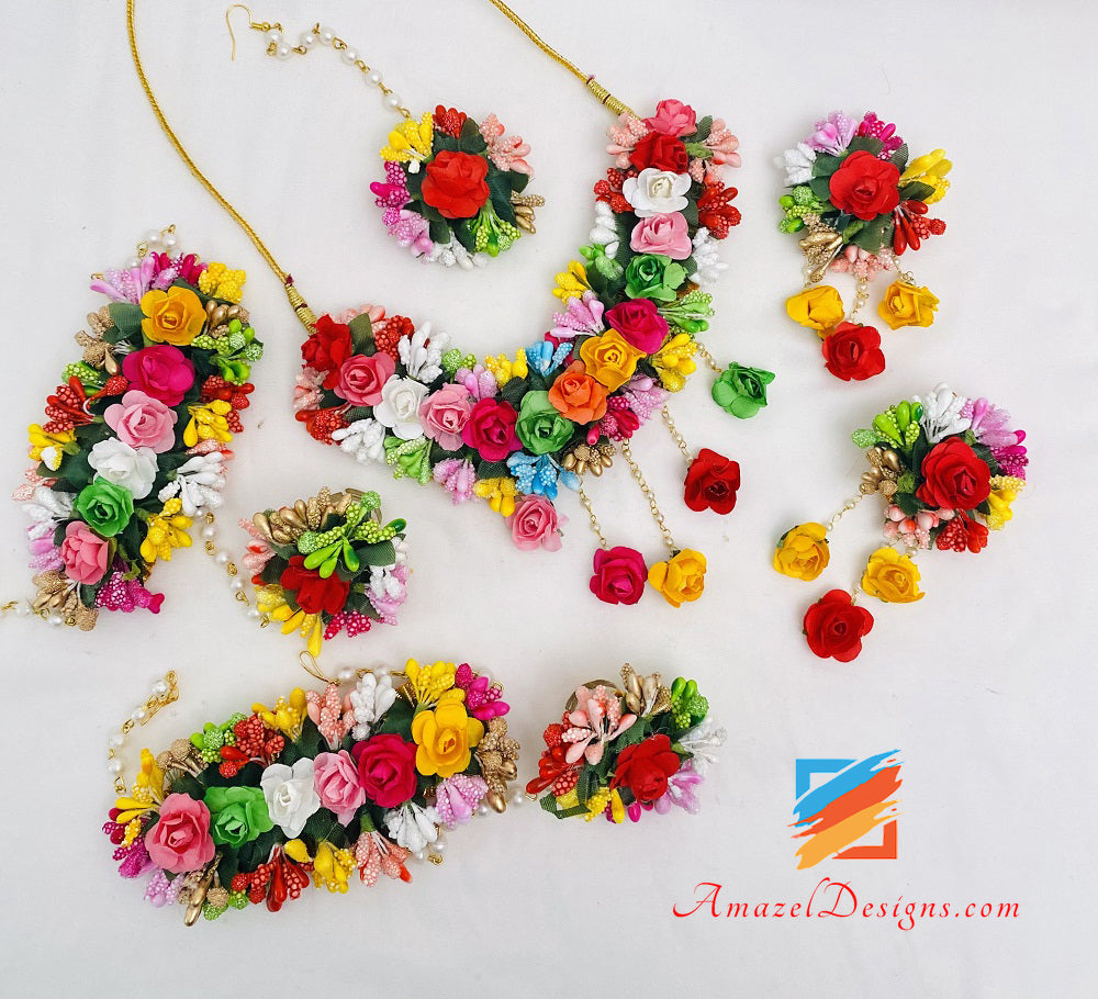 Multicoloured Necklace Earrings Tikka And Hand Pieces Set