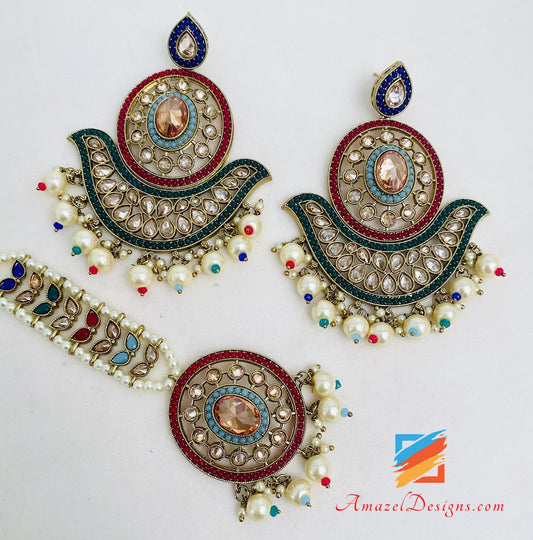 Multicoloured Oversized Earrings And Tikka Set