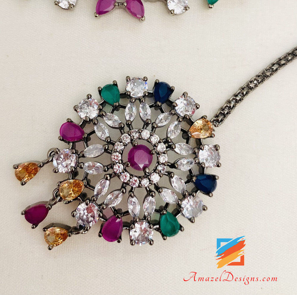 Multicoloured Oxidized American Diamond (AD) Necklace Studs Tikka Set