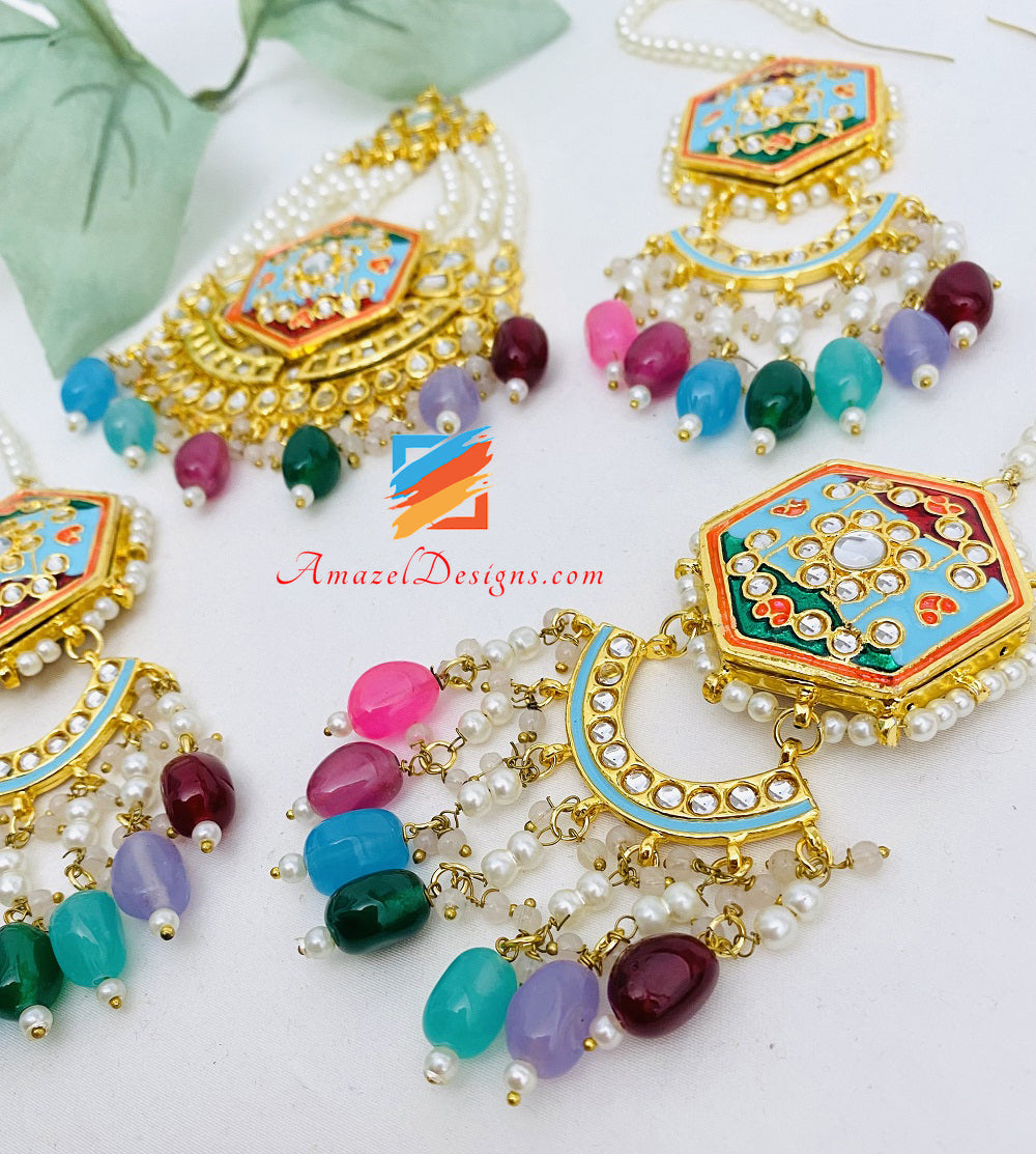 Multicoloured Painted Kundan Earrings Tikka Passa Set