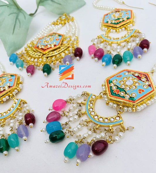 Orecchini Kundan dipinti multicolore Set Tikka Passa 