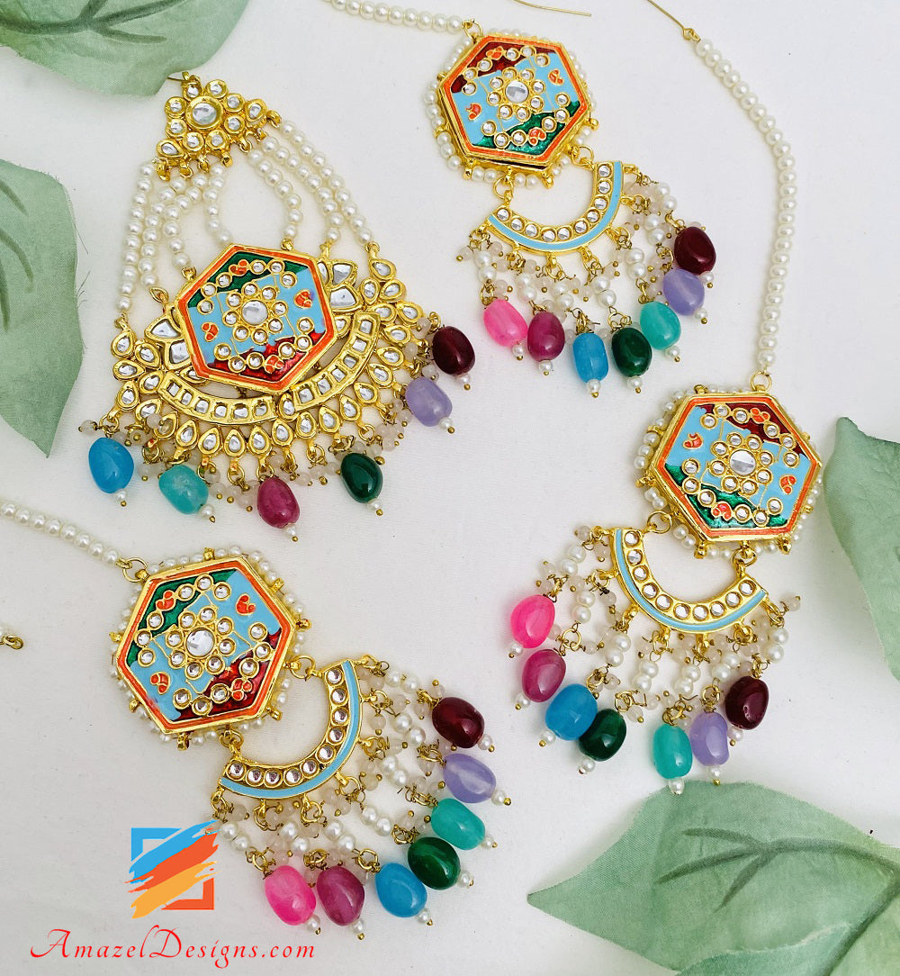 Multicoloured Painted Kundan Earrings Tikka Passa Set