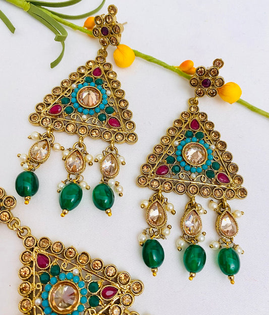 Multicoloured Polki Earrings Tikka Set