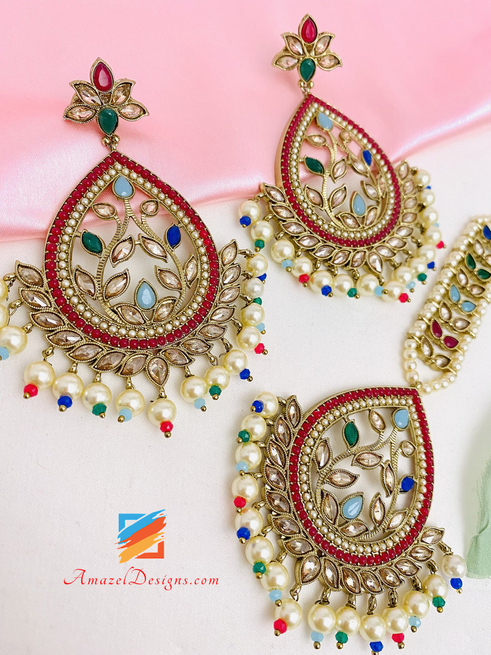 Multicoloured Polki Earrings Tikka Set