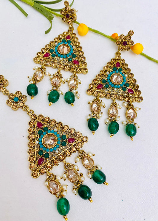 Multicoloured Polki Earrings Tikka Set