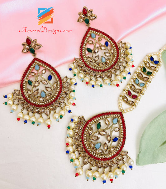 Multicoloured Polki Earrings Tikka Set