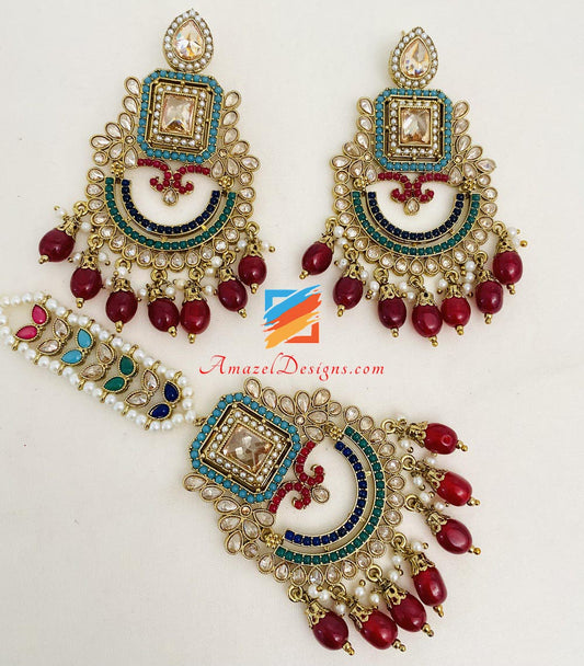 Multicoloured Polki Earrings Tikka Set