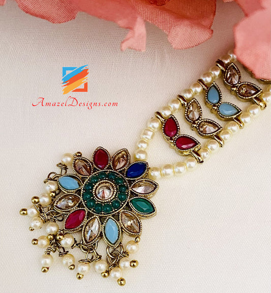 Multicoloured Polki Earrings Tikka Set With Beautiful White Jadau Tiny Beads