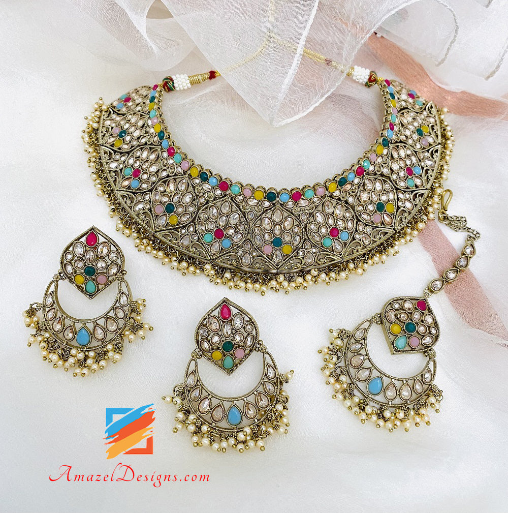 Multicoloured Polki Flexible Necklace Earrings Tikka Set