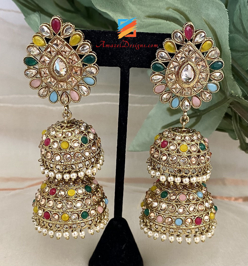 Multicoloured Polki Ling Double Jhumki Earrings
