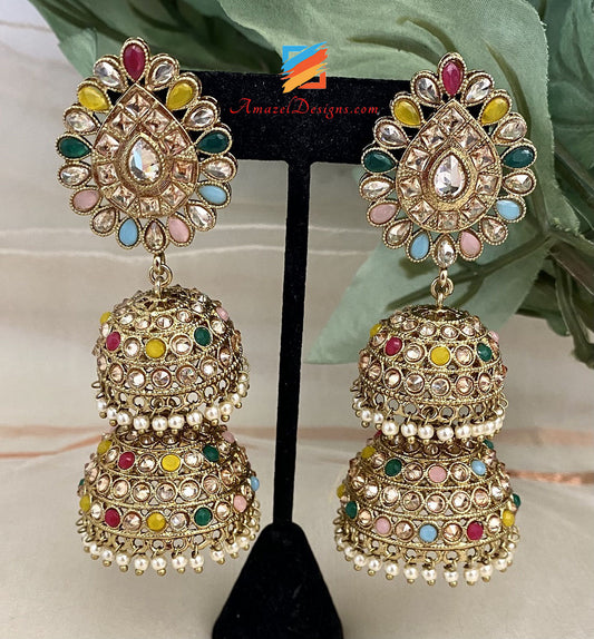 Orecchini Polki Ling Double Jhumki multicolore 