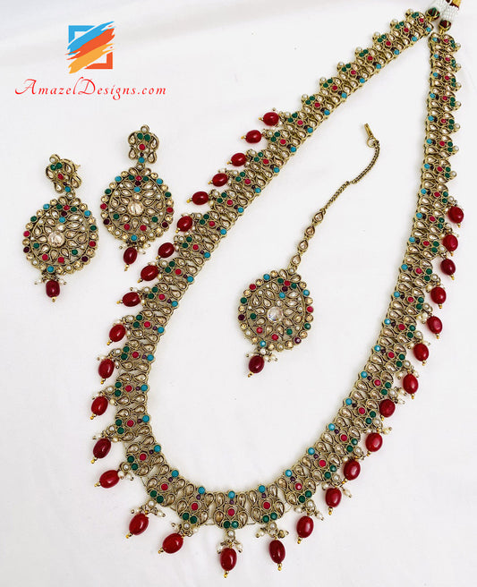 Multicoloured Polki Long Haar Earrings Tikka Set