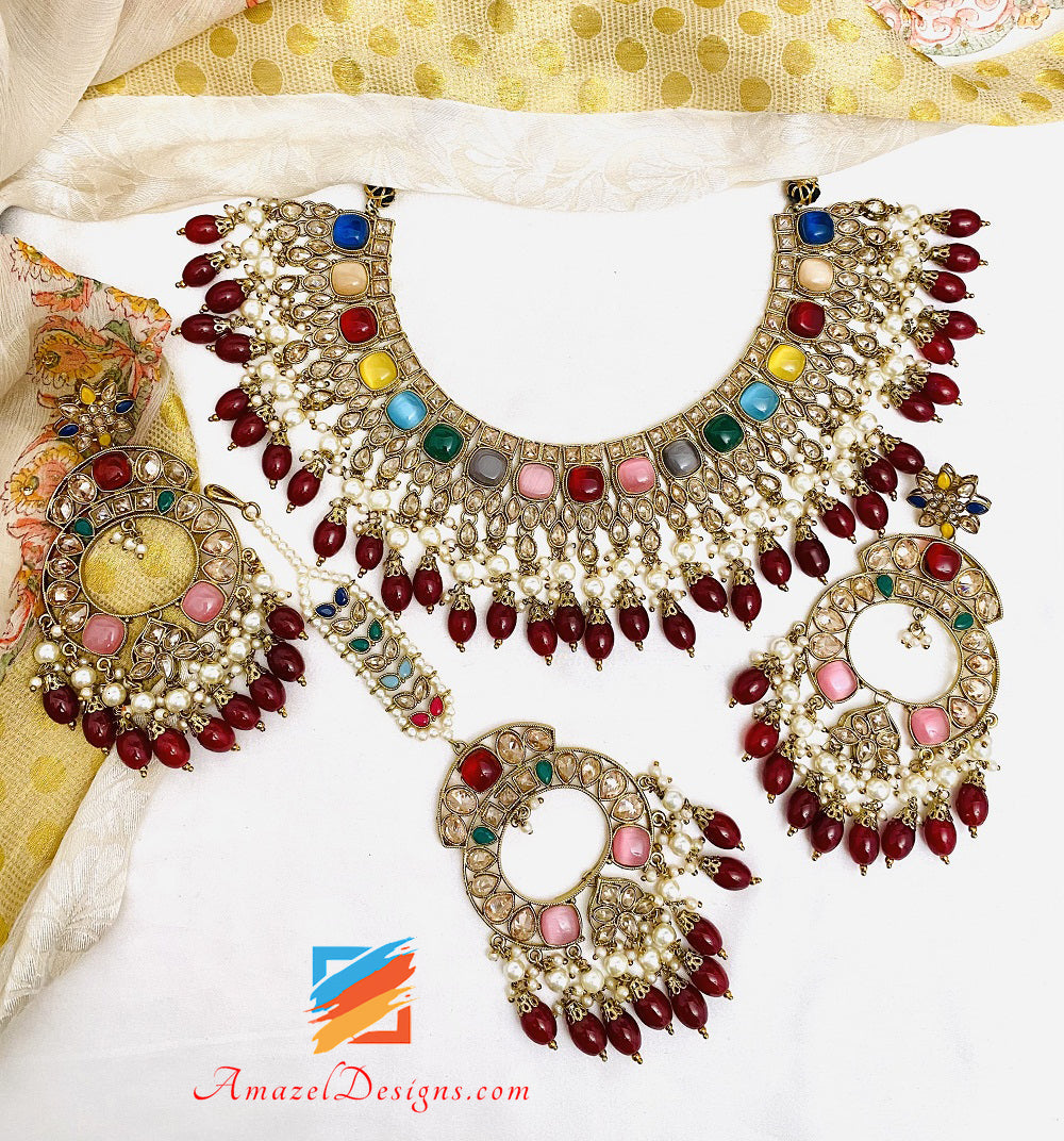 Multicoloured Polki Monalisa Necklace Earrings Tikka Set