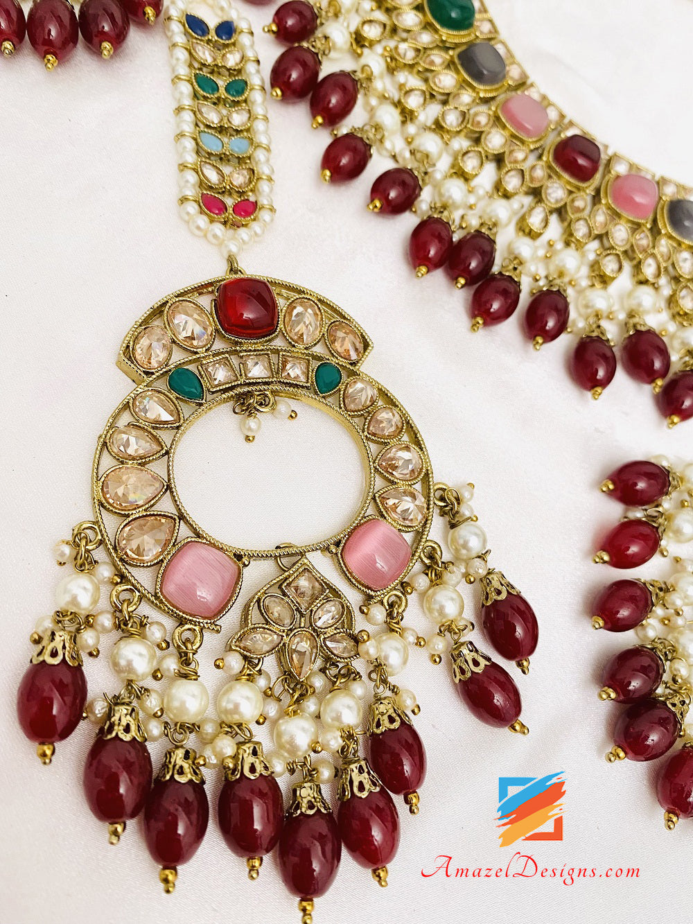 Multicoloured Polki Monalisa Necklace Earrings Tikka Set