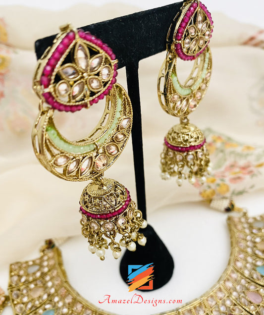 Multicoloured Polki Necklace Chandbali Jhumki Earrings Tikka Set